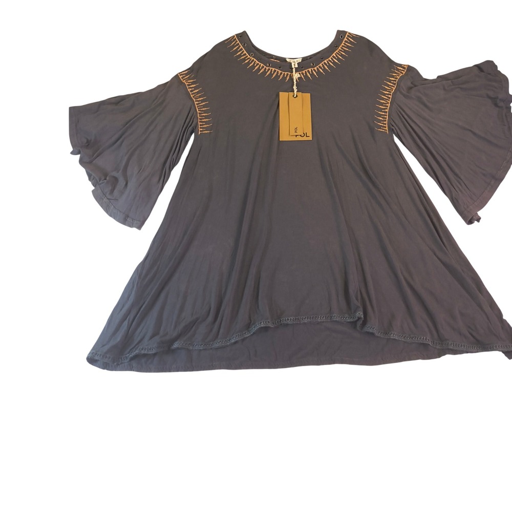 POL Clothing Women Charcoal Gray Embroidered Bell Sleeve Boho Tunic Top S